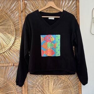 Black vintage 1999 V-Neck Sweater with Colorful Fish Design